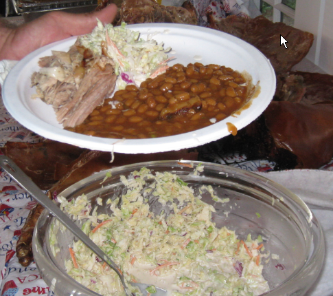 Warren's Plate of pork, beans, slaw